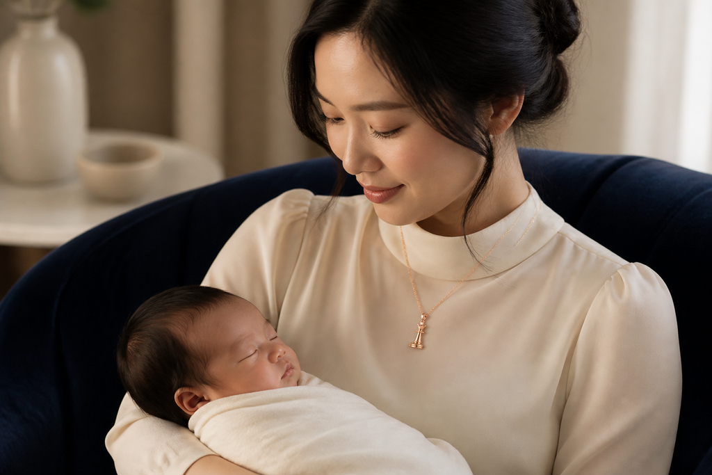 An adult mother wearing the rose-gold-tone Queen Necklace while holding her swaddled newborn; the necklace is for adult wear only.