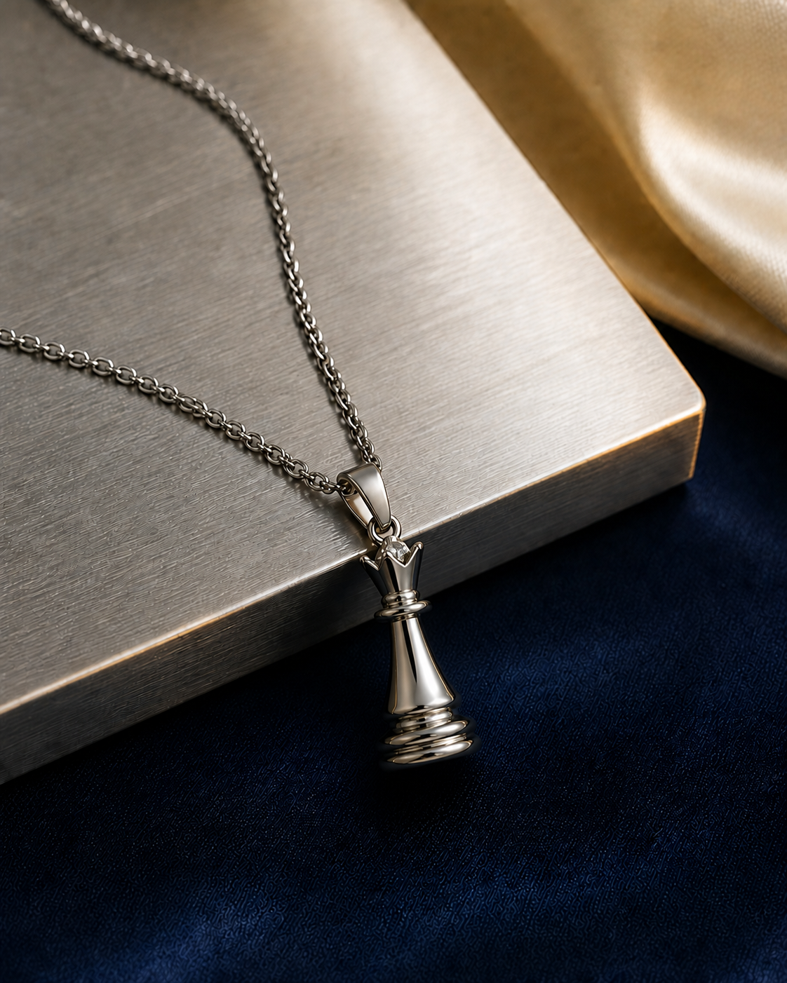 Silver-tone Queen Necklace beside precision-brushed stainless steel in a navy and cream editorial setting.